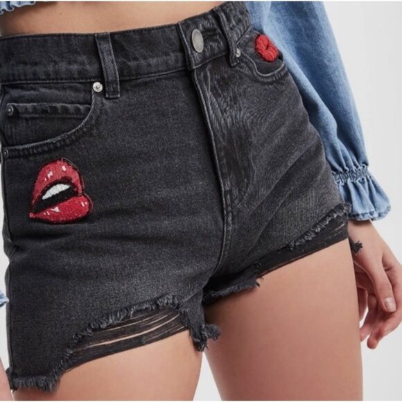 Pinko Black Limousine Gina Denim Shorts Sequin Lips ( 26 ) - Picture 1 of 5
